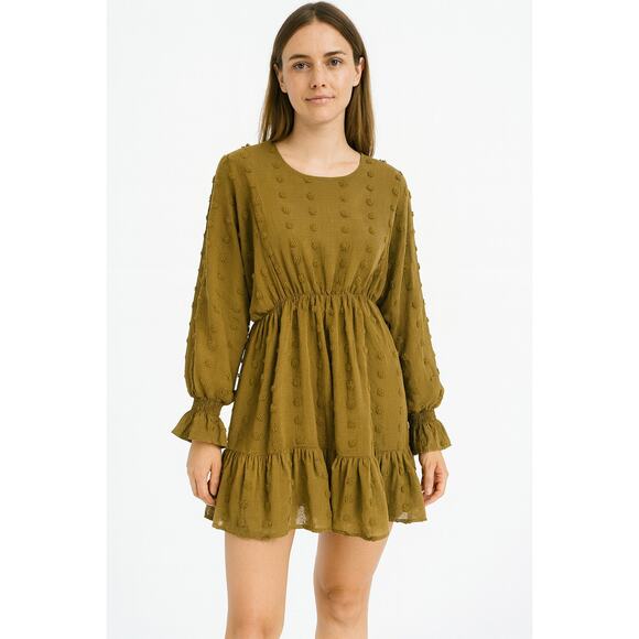 Dress Up Long Sleeve Jacquard Blouson Dress Green Dotted Flowy Boho Career Chic - Picture 7 of 7